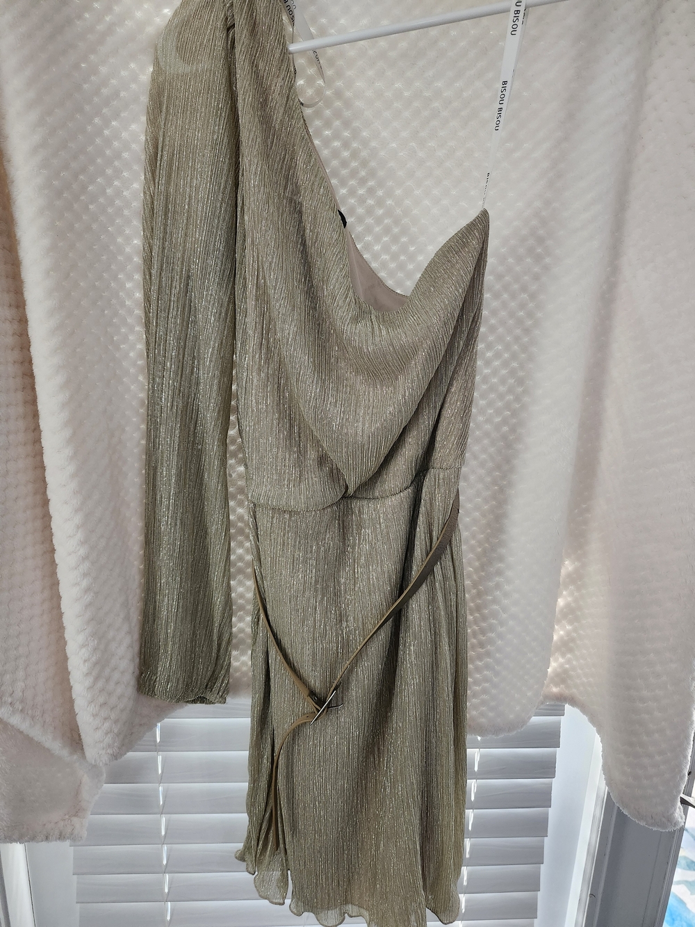 Bisou Bisou One-Shoulder Shimmery Taupe Dress